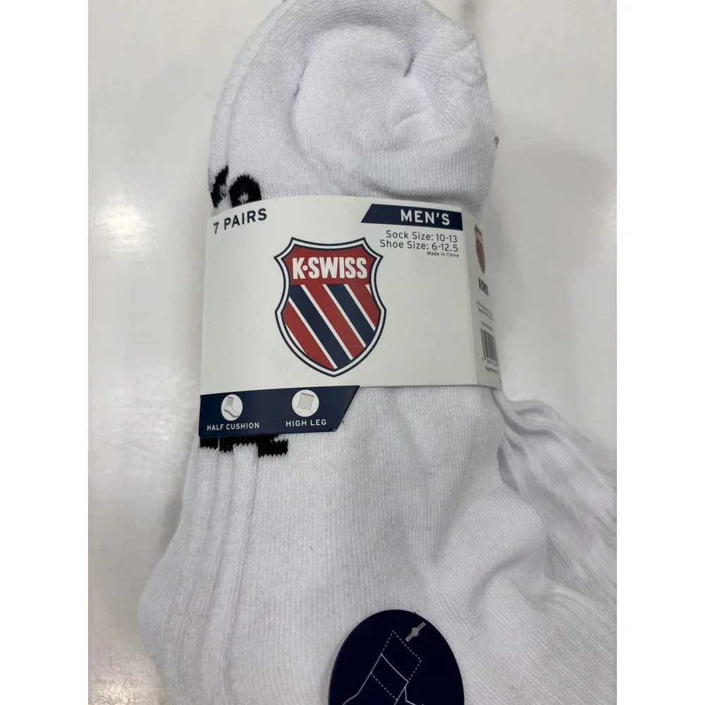 K-Swiss Mens High Quarter Socks 7 Pairs White Size 10-13 Shoe 6-12.5